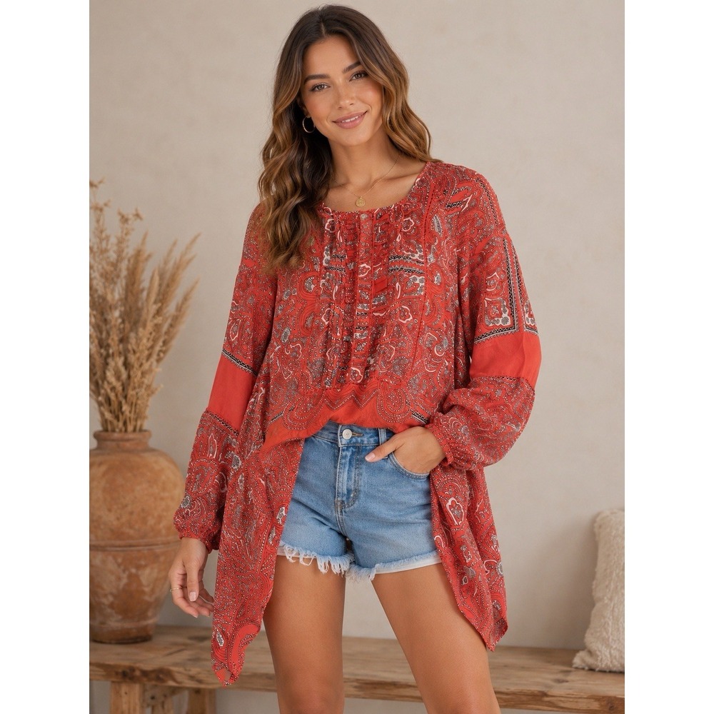 ANTHROPOLOGIE LOVE SAM KAMALA PAISLEY SHARK BITE TUNIC TOP SIZE LARGE